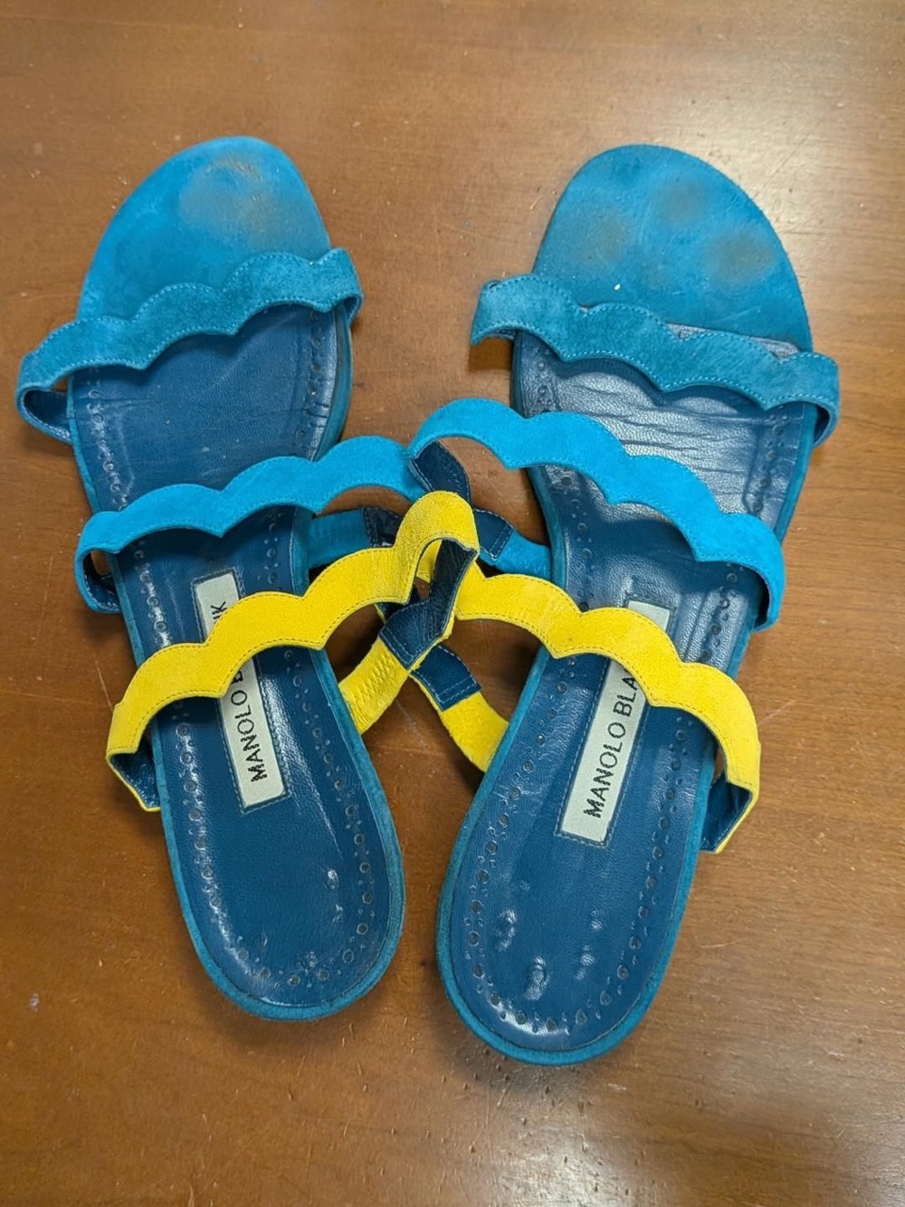 Manolo Blahnik Teal and Yellow Scalloped Strap Sandals